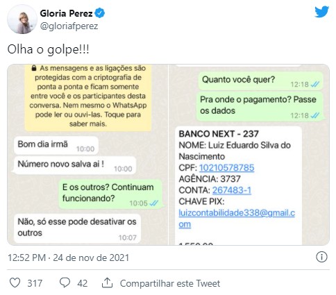 Gloria Perez expõe tentativa de golpe no WhatsApp: \"Dei corda\"