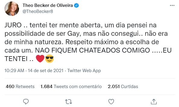 Theo Becker revela que já pensou ser gay: \"Não consegui\"