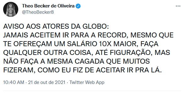 Theo Becker aconselha atores da Globo: \"Jamais aceitem ir para a Record\"