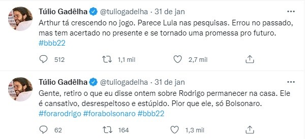 Túlio Gadêlha defende Lula e se manifesta sobre Rodrigo no BBB 22: \"Pior que ele, só Bolsonaro\"