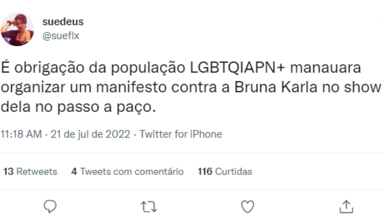 Tweet de revolta sobre Bruna Karla cantar em Manaus