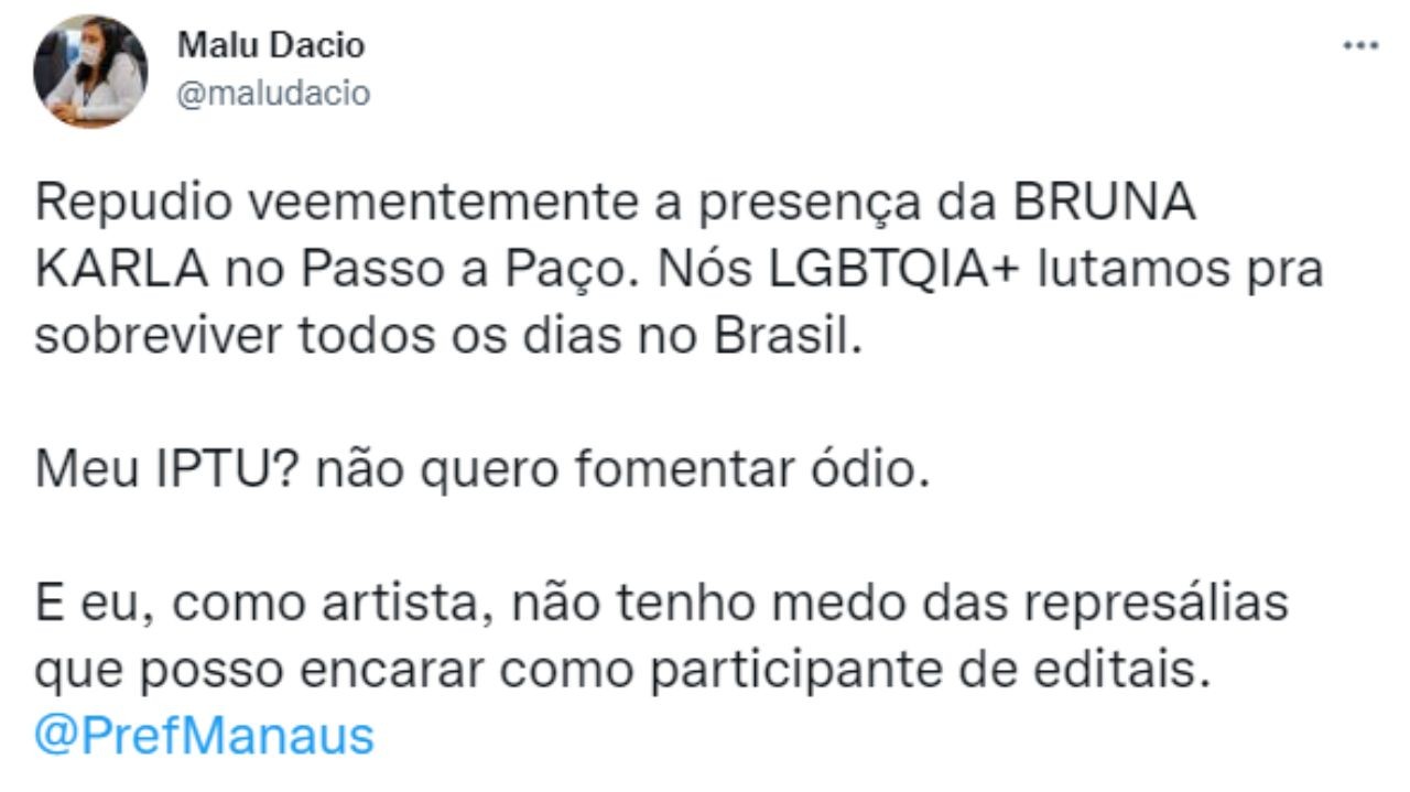 Tweet de revolta sobre Bruna Karla cantar em Manaus