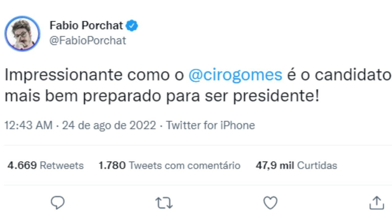 Fabio Porchat diz que Ciro Gomes é o candidato mais bem preparado