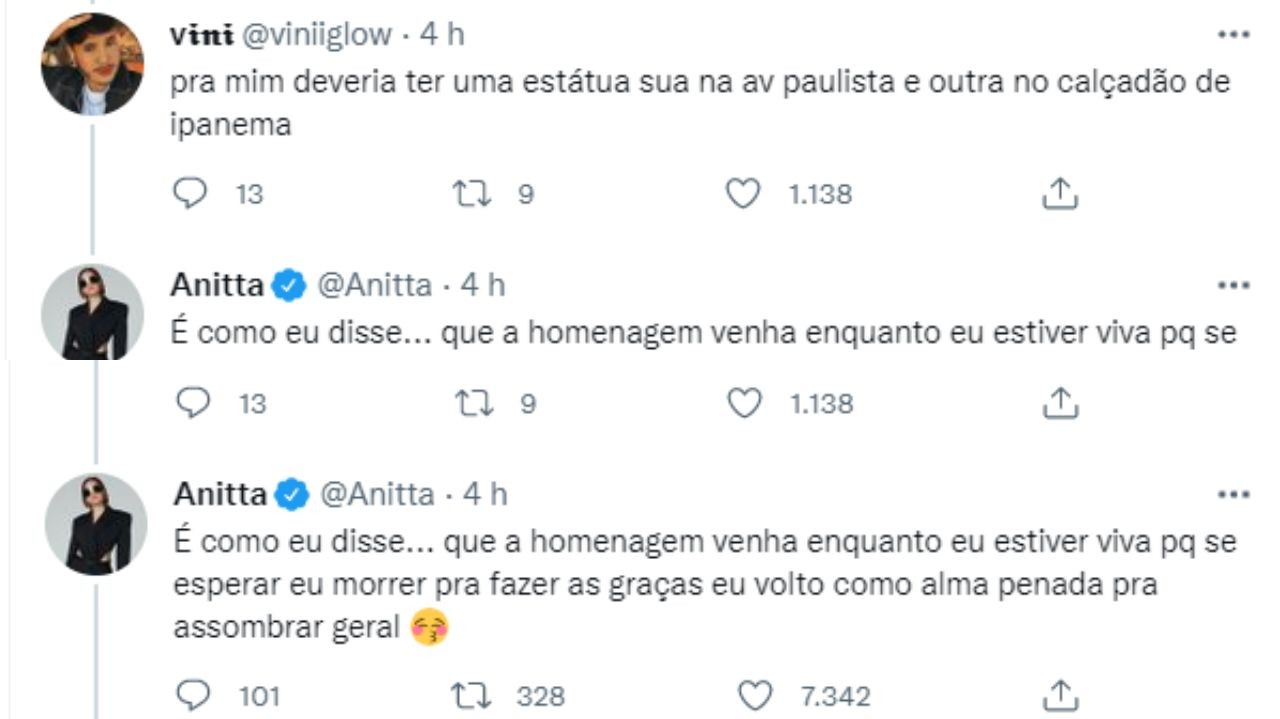 Anitta diz que não aceitará homenagens póstumas: \"Volto como alma penada pra assombrar\"