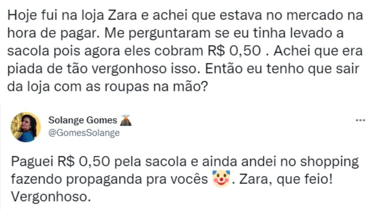 Tweets de Solange Gomes sobre sacolas da Zara