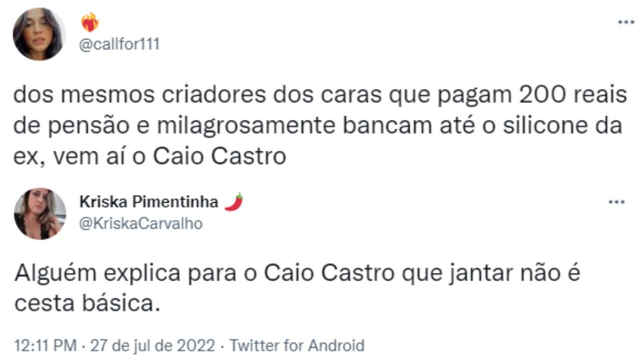Dois tweets criticando Caio Castro