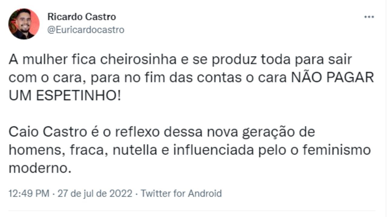 Tweet criticando Caio Castro