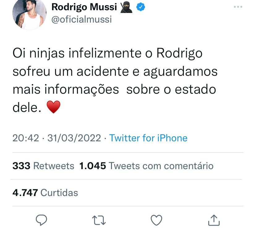 BBB 22: Rodrigo Mussi sofre acidente grave em SP