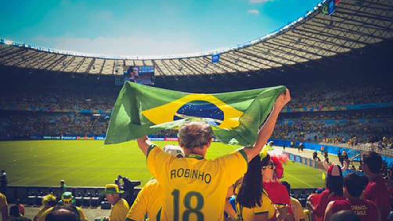 Torcedor com a camisa e bandeira do Brasil em um estádio