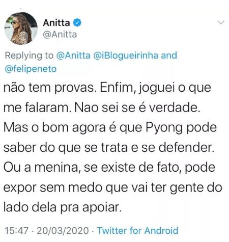 Anitta explica possível motivo das indiretas de Felipe Neto para Pyong: \"Abusivo\"