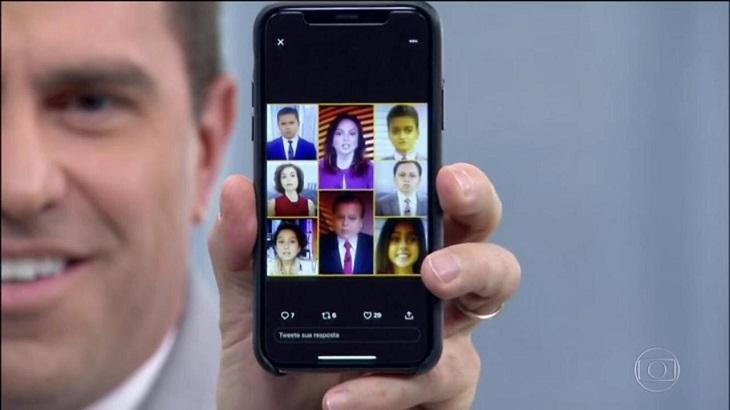 Rodrigo Bocardi com o celular na mão, mostra a tela com uma montagem com fotos infantilizadas dos apresentadores do "Bom Dia Brasil"