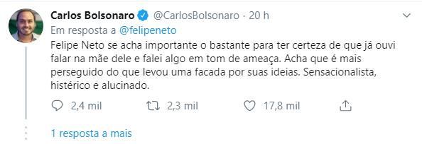 Felipe Neto expõe medo, diz que Carlos Bolsonaro ameaçou sua mãe e político rebate