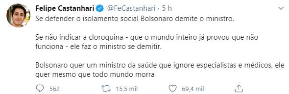 Youtuber critica Bolsonaro após demissão de ministro: \"Ele quer que todo mundo morra\"