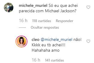 Cleo Pires é comparada com Michael Jackson por fãs e reage
