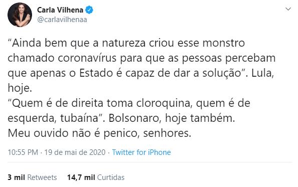 Carla Vilhena detona falas de Lula e Bolsonaro: \"Meu ouvido não é penico\"