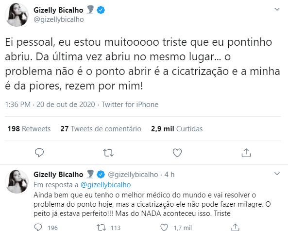 Ex-BBB Gizelly Bicalho pede orações após complicações em cirurgia no seio