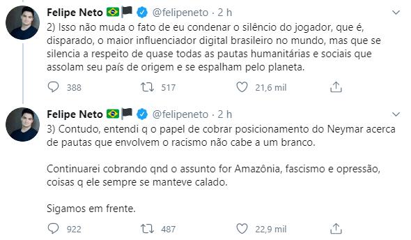 Felipe Neto apaga post sobre Neymar: \"Branco não deve cobrar negro sobre pautas racistas\"
