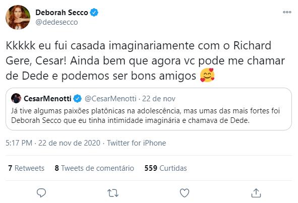 César Menotti revela paixão por Deborah Secco e atriz responde: \"Amigos\"