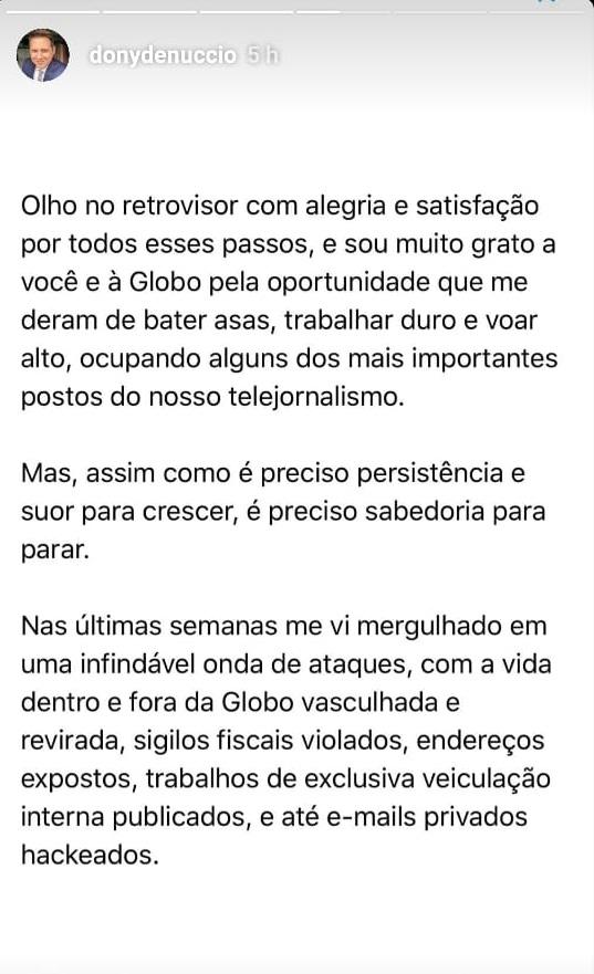 Dony de Nuccio publica carta aberta a diretor da Globo: \"Se errei, peço desculpas\"