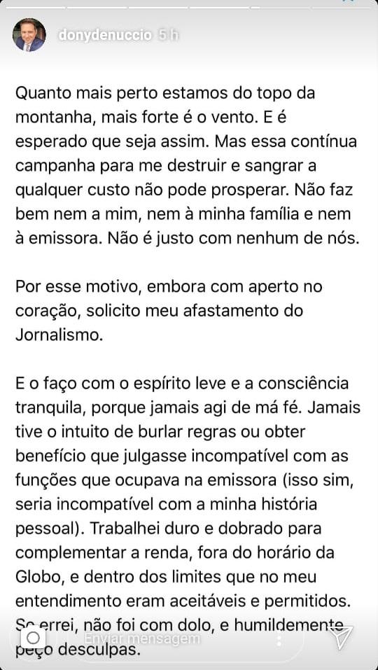 Dony de Nuccio publica carta aberta a diretor da Globo: \"Se errei, peço desculpas\"