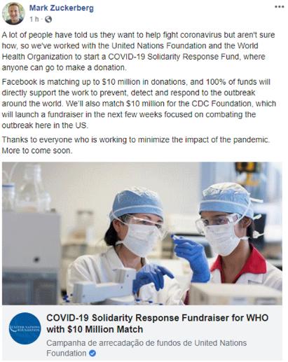 Dono do Facebook faz doação milionária para ajudar no combate ao coronavírus