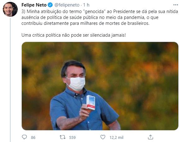 Justiça derruba investigação contra Felipe Neto por chamar Bolsonaro de \"genocida\"