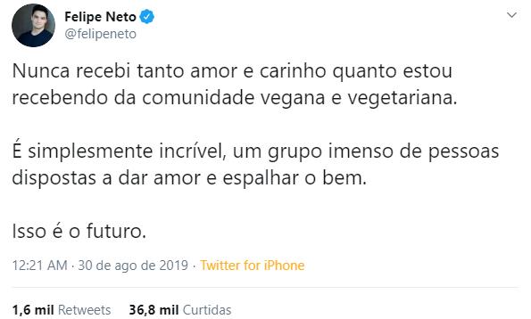 Felipe Neto perde grande contrato por se assumir vegetariano e desabafa