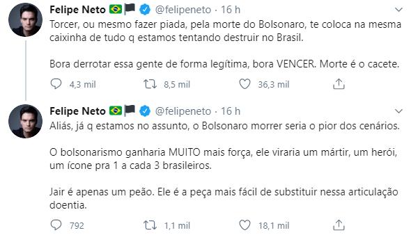 Felipe Neto critica quem desejou morte de Bolsonaro por Covid: \"Derrotar de forma legítima\"