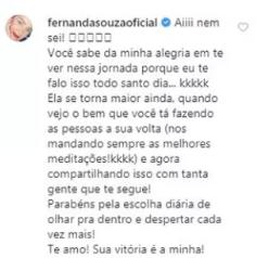 Fernanda Souza agradece homenagem feita por Thiaguinho: \"Sua vitória é minha\"