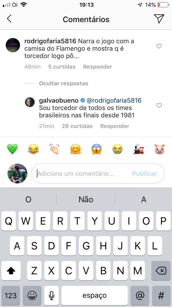 Torcedor pede para Galvão Bueno narrar final com camisa do Flamengo e leva resposta