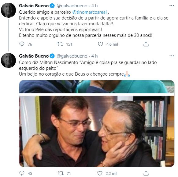Galvão Bueno se despede de Tino Marcos após saída da Globo: \"Pelé das reportagens\"