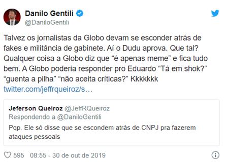 Eduardo Bolsonaro ataca a Globo e Danilo Gentili reage
