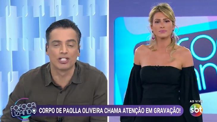 Leo Dias e Livia Andrade em tela dividida durante o Fofocalizando