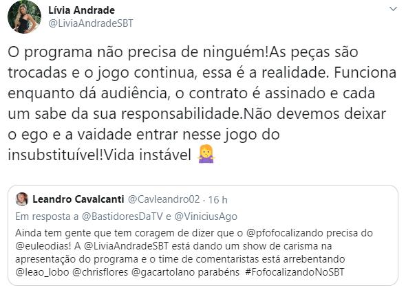 Lívia Andrade se pronuncia sobre demissão de Leo Dias: \"O programa não precisa de ninguém\"