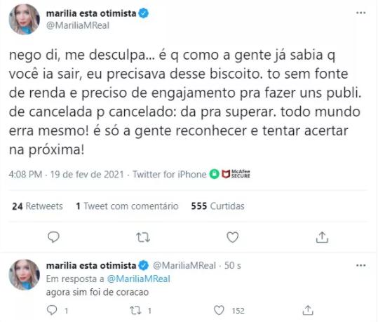 Marília Mendonça pede desculpa a Nego Di após festa comemorando sua eliminação do BBB21
