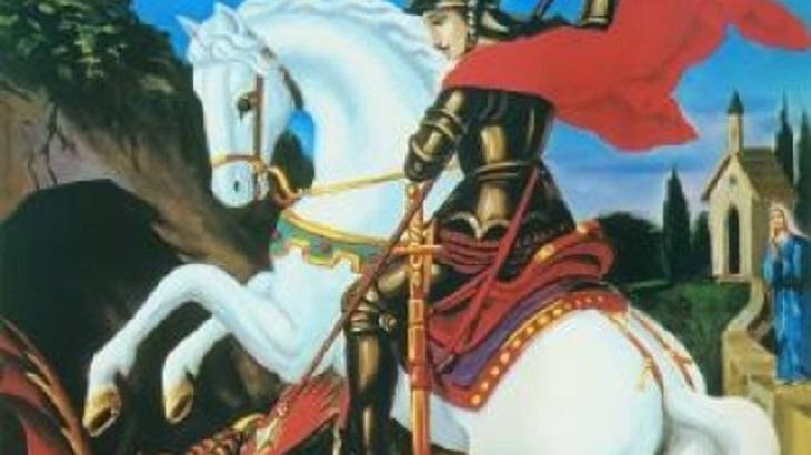 Imagem, em desenho, representando São Jorge e seu cavalo