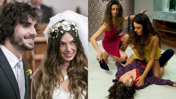 Isis Valverde como Ritinha em cenas de A Força do Querer: vestida de noiva, ao lado de Ruy (Fiuk); e batendo em Irene (Débora Falabella) com a ajuda de Joyce (Maria Fernanda Cândido)