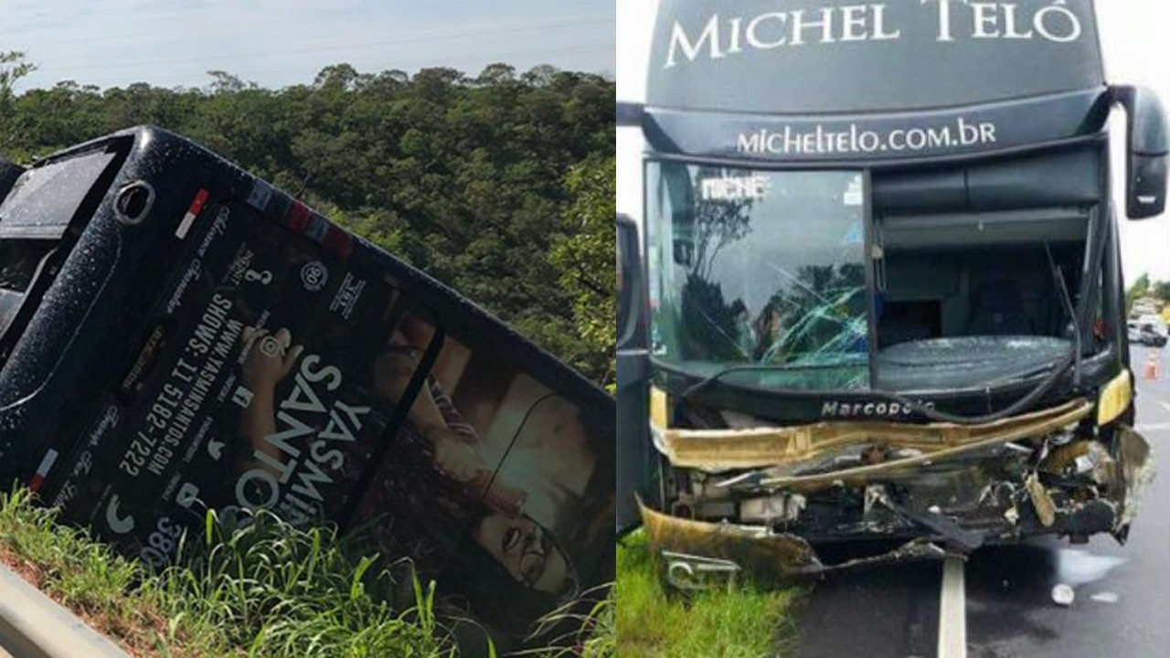 ônibus de Yasmin Santos tombado; Ônibus de Michel Teló com a frente quebrada