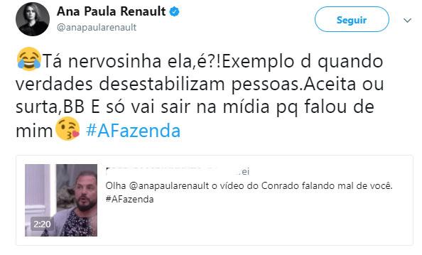 \"A Fazenda\": Conrado detona a ex-BBB Ana Paula Renault: \"vaca, insana\"