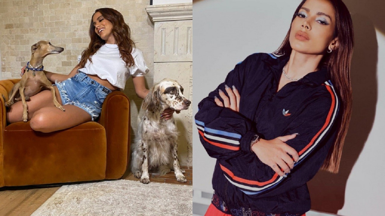 Anitta, sorridente, sentada em uma sofá olhando para o seu cachorro Plínio e com os braços cruzados e o cabelo solto e a fisionomia séria na segunda foto