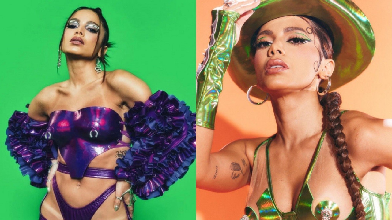 Montagem de Anitta em fotos posadas em clima de Carnava, com figurino colorido e maquiagem, em fotos de divulgação do seu Instagram