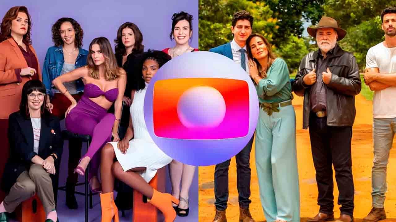 Montagem com o elenco de Elas por Elas e Terra e Paixão com logo da Globo em destaque