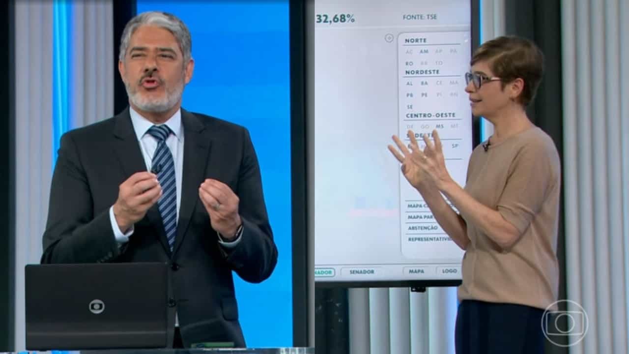 William Bonner e Renata Lo Prete na apuração do segundo turno das Eleições 2022, na Globo