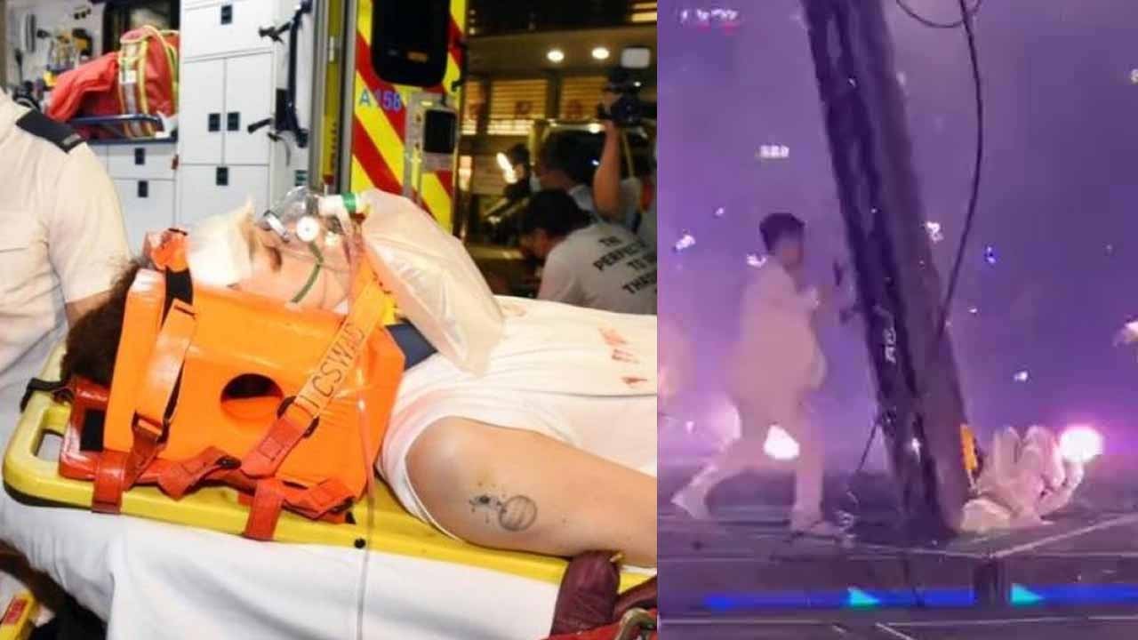 Mo Lee Kai-yin na maca com pescoço imobilizado respirando com ajuda de aparelhos; Momento em que dançarino é atingido por telão