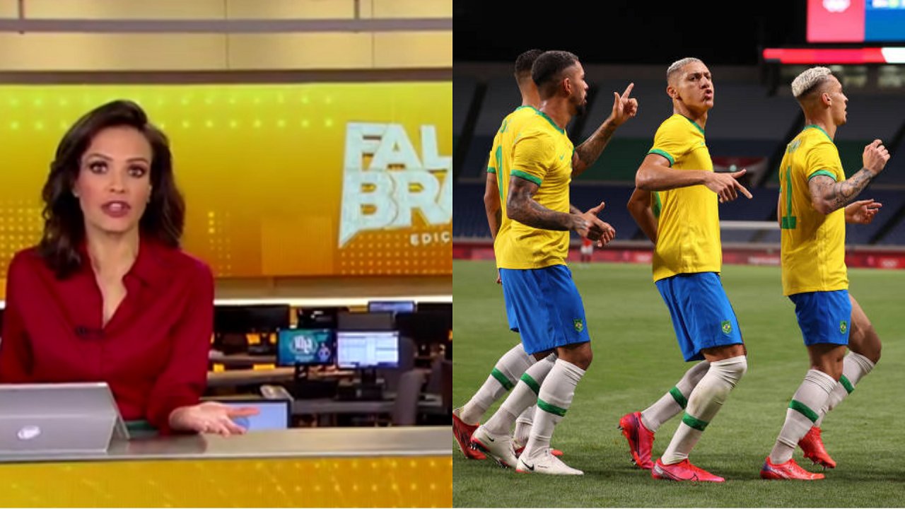 Apresentadora do Fala Brasil (à esquerda) e jogadores do Brasil (à direita)