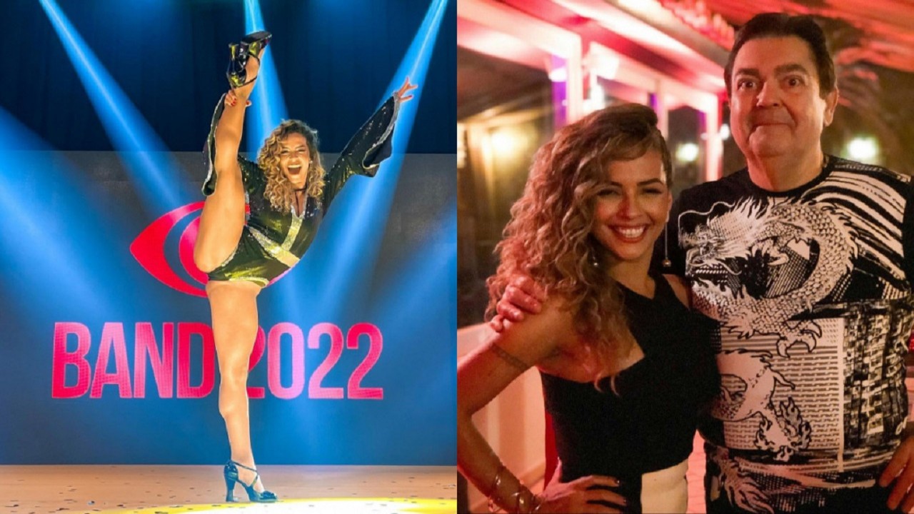 Bruna Santos se apresentando com a perna para o alto com o logo da Band 2022 ao fundo e em outra foto ela aparece abraçada ao apresentador Fausto Silva