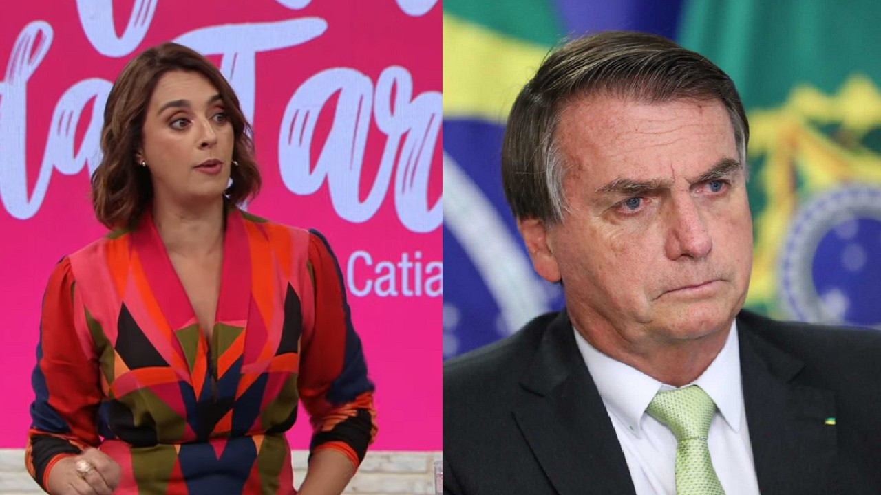 Cátia Fonseca sentada no Melhor da Tarde e Bolsonaro em Brasília com cara de poucos amigos