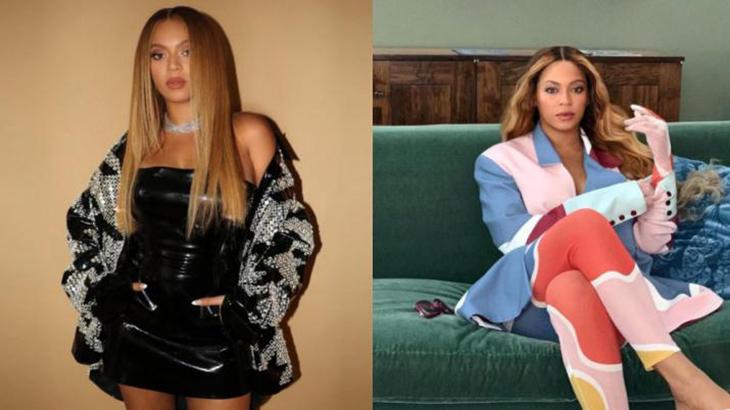 Montagem da cantora Beyoncé em pé, com os cabelos lisos e sentada em um sofá com roupa colorida e cabelos frisados
