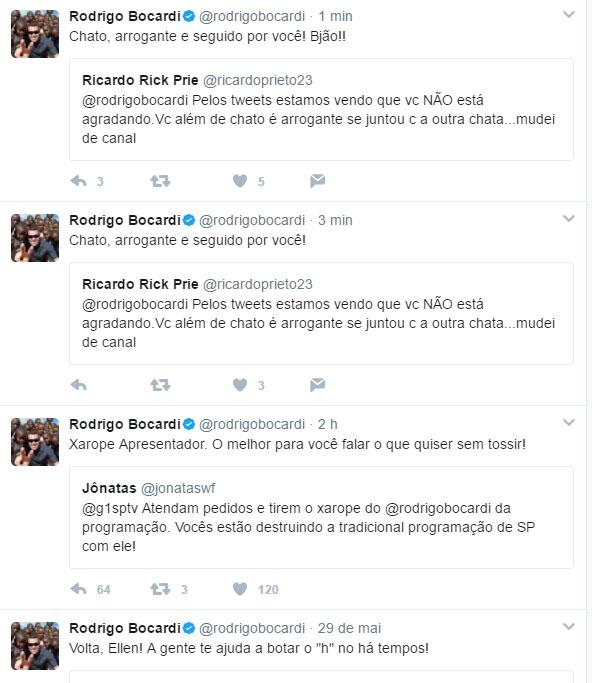 Chamado de \"xarope\", Rodrigo Bocardi rebate internauta com ironia
