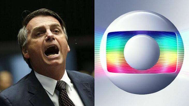 Jair Bolsonaro gritando (à esquerda) e logotipo da Globo (à direita) em foto montagem